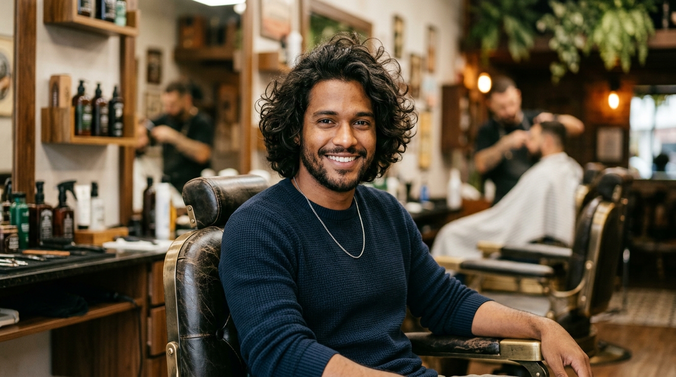 Homem de cabelos cacheados volumosos com corte de cabelo médio bagunçado 