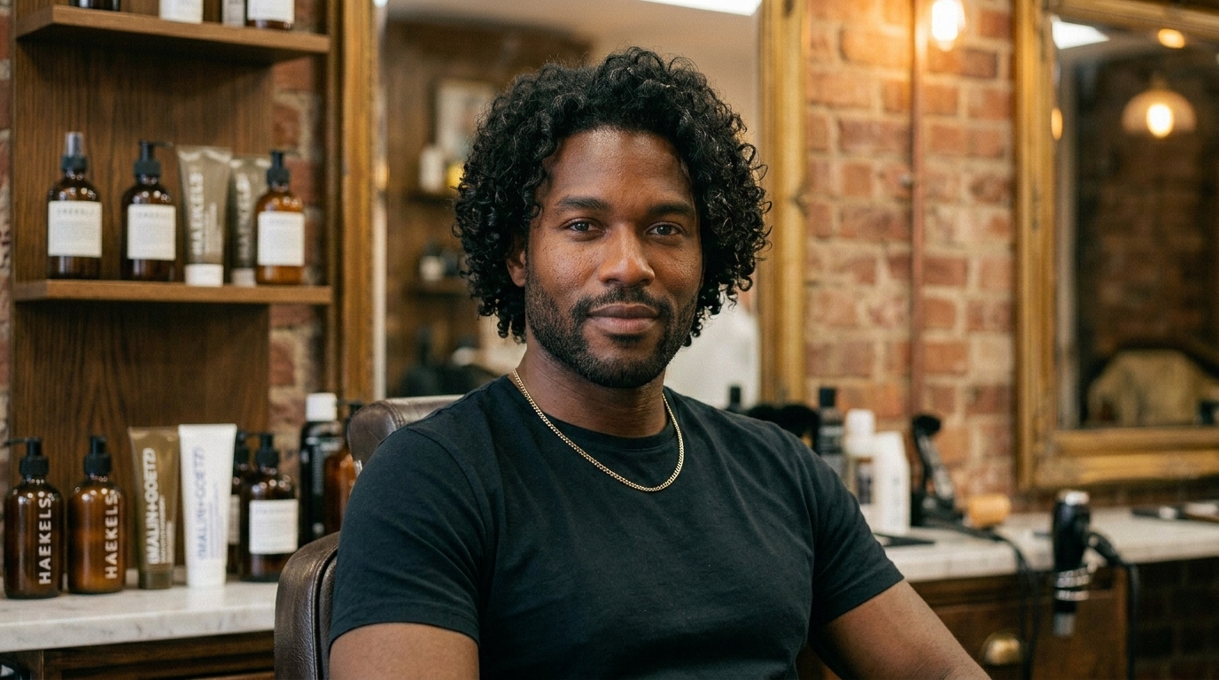 Bro flow haircut em homem com cabelo cacheado médio e volume natural