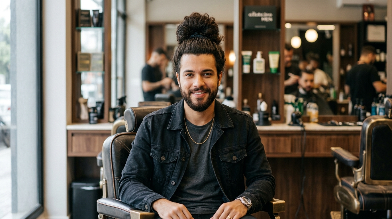Homem com corte de cabelo médio usando coque masculino sentado em cadeira de barbeiro vintage.