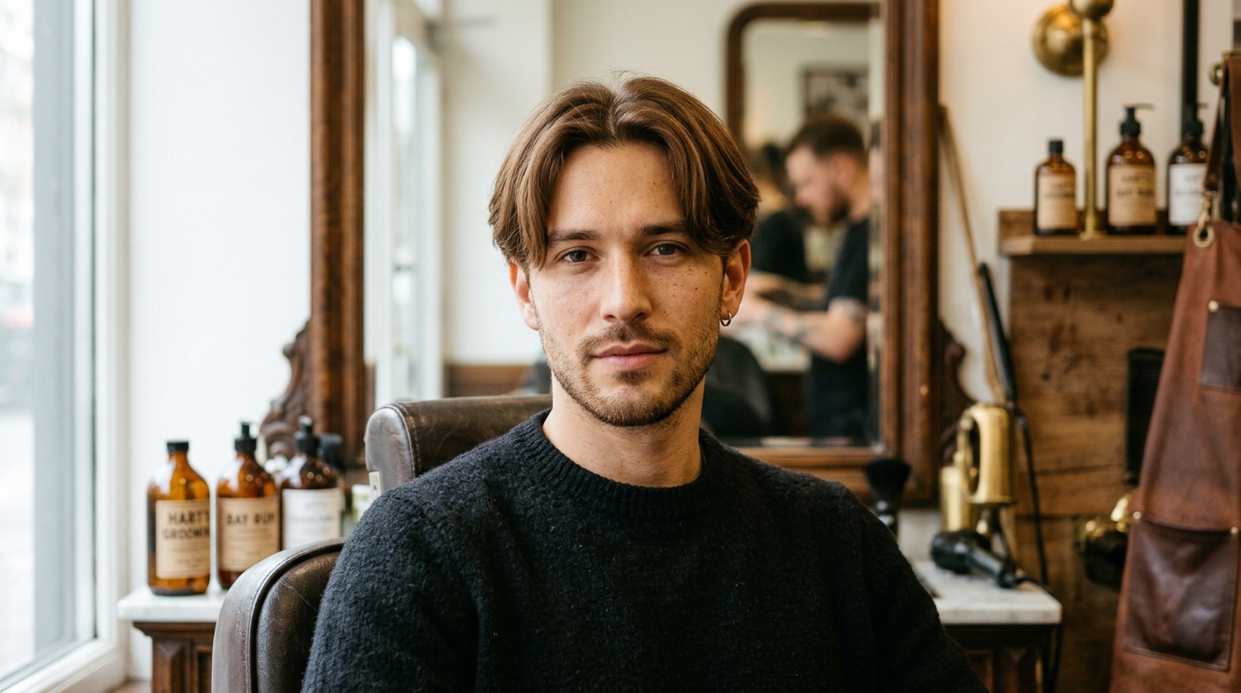 Curtain haircut com franja dividida ao meio em homem de cabelo liso médio