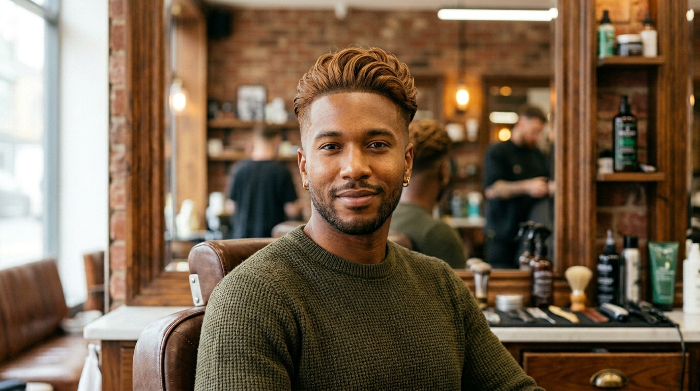 Flow haircut em homem com cabelo ondulado médio e laterais degradê