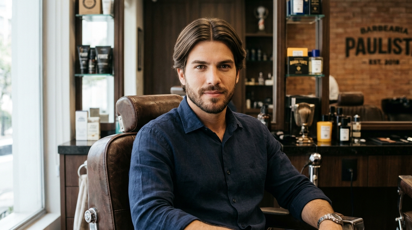 Homem com cabelo liso dividido ao meio em frente ao letreiro Barbearia Paulista.