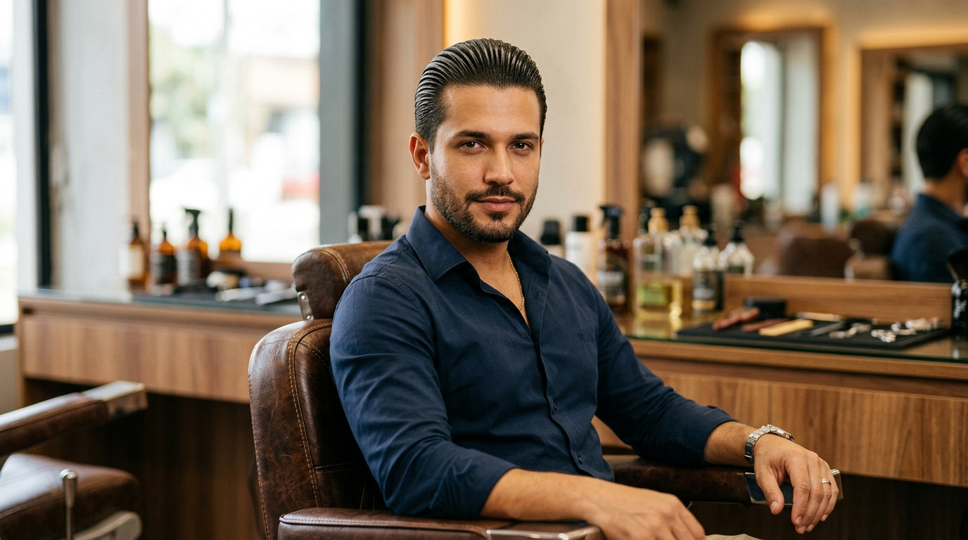 Homem com cabelo penteado para trás com gel, camisa azul, sentado em barbearia com espelhos ao fundo.