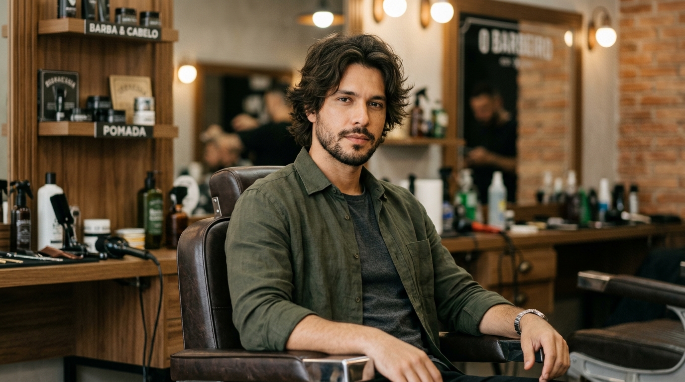 Homem com cabelo shag masculino e barba aparada, vestindo camisa verde em ambiente de barbearia rústica.