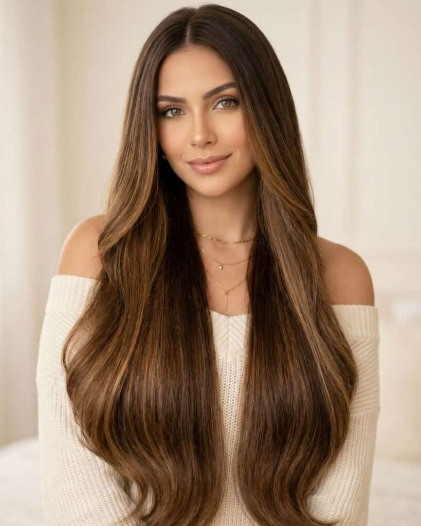 Mulher brasileira com cabelo de sereia longo extremo