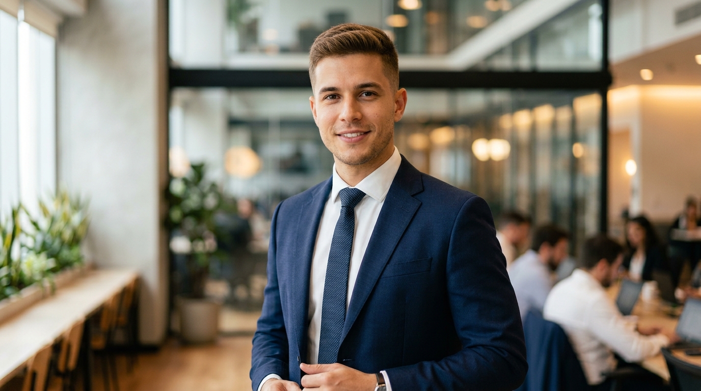 Ivy League crew cut sofisticado em homem com rosto oval e cabelo castanho