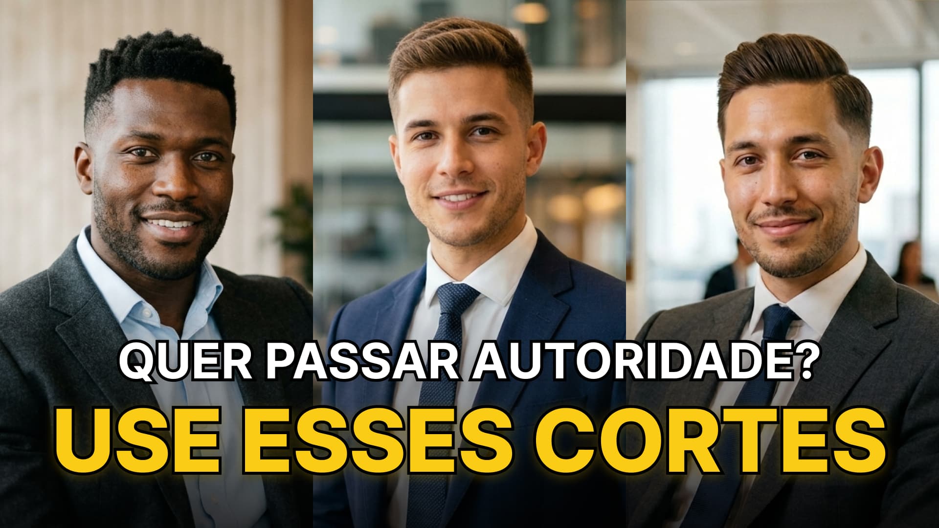 Três homens de terno com cortes de cabelo executivo. Texto: Quer passar autoridade? Use esses cortes.
