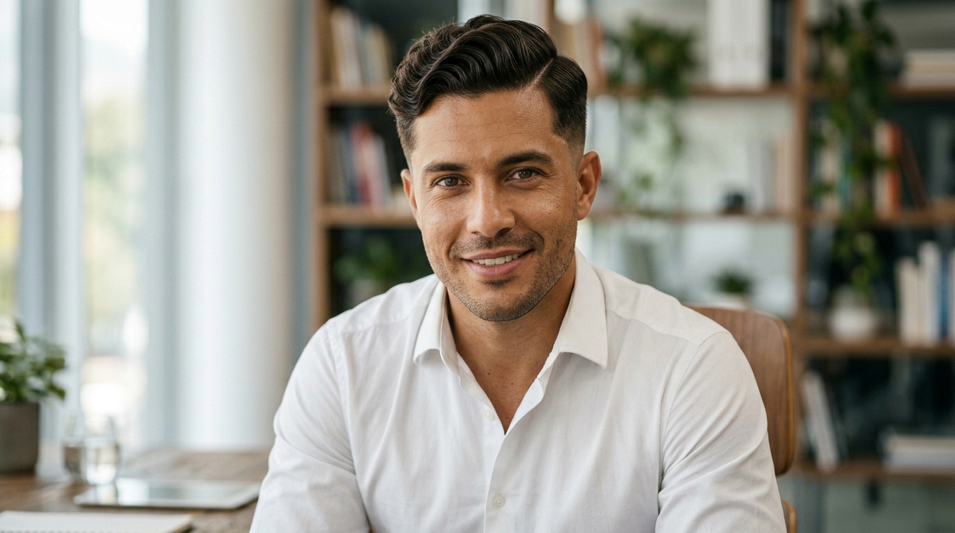 Side part clássico com linha definida em homem com rosto oval e cabelo ondulado