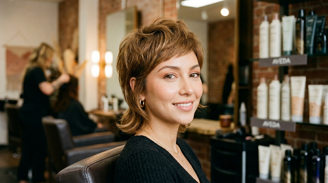 Bixie moderno com volume no topo e comprimento nas laterais em cabelo loiro escuro