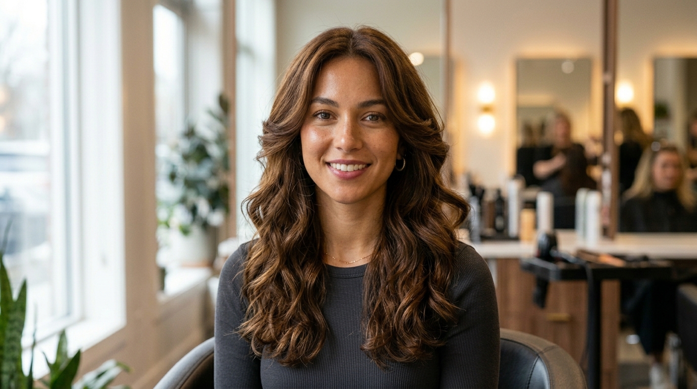 Butterfly cut em cabelo castanho ondulado com camadas dramáticas em V