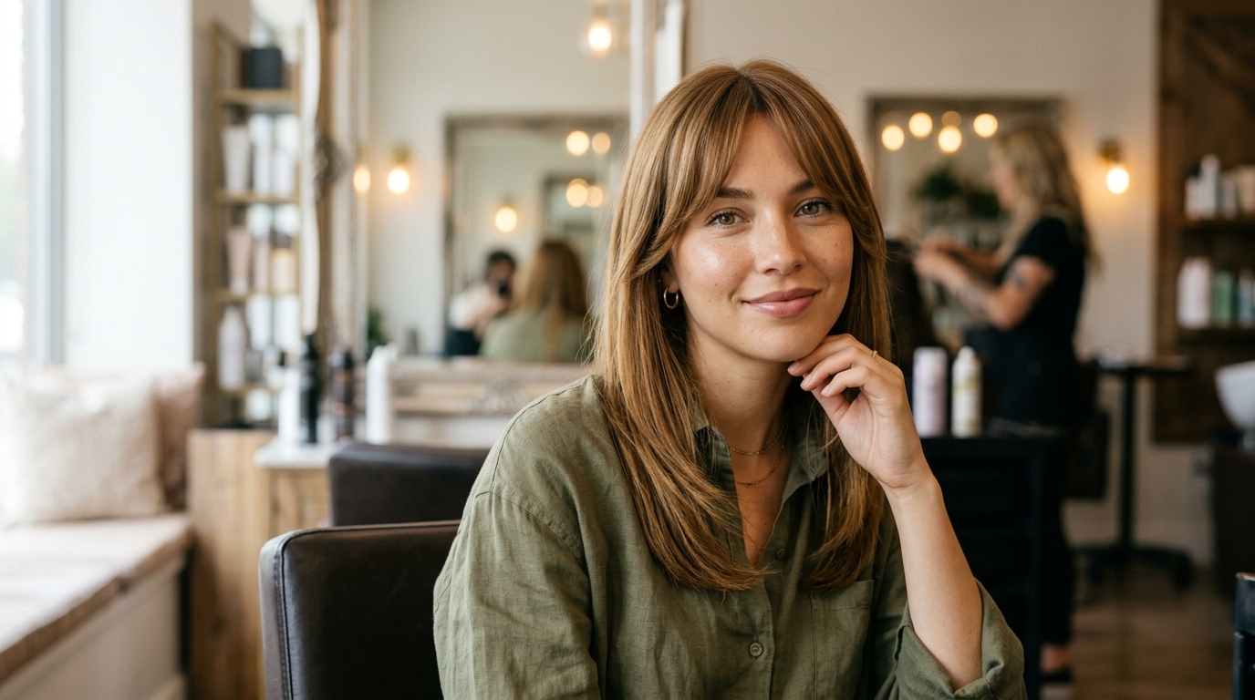 Curtain bangs com abertura lateral em mulher com rosto longo e cabelos lisos castanhos claros