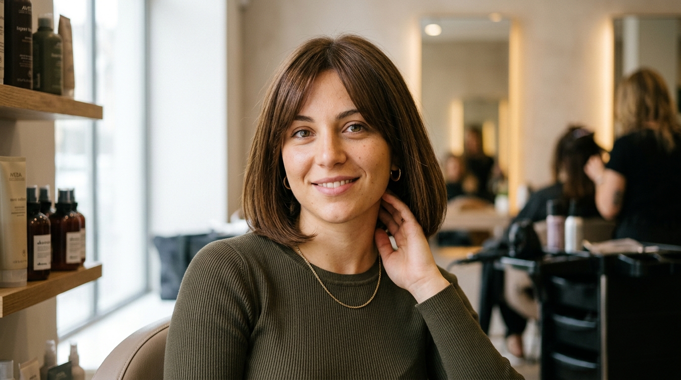 Italian bob reto com pontas viradas para dentro em cabelo castanho