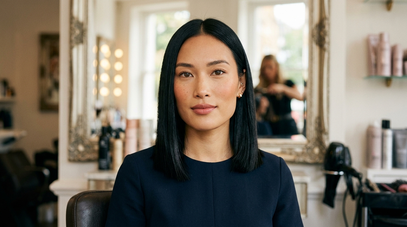 Medium bob reto na altura do ombro em mulher com rosto quadrado e cabelos lisos pretos