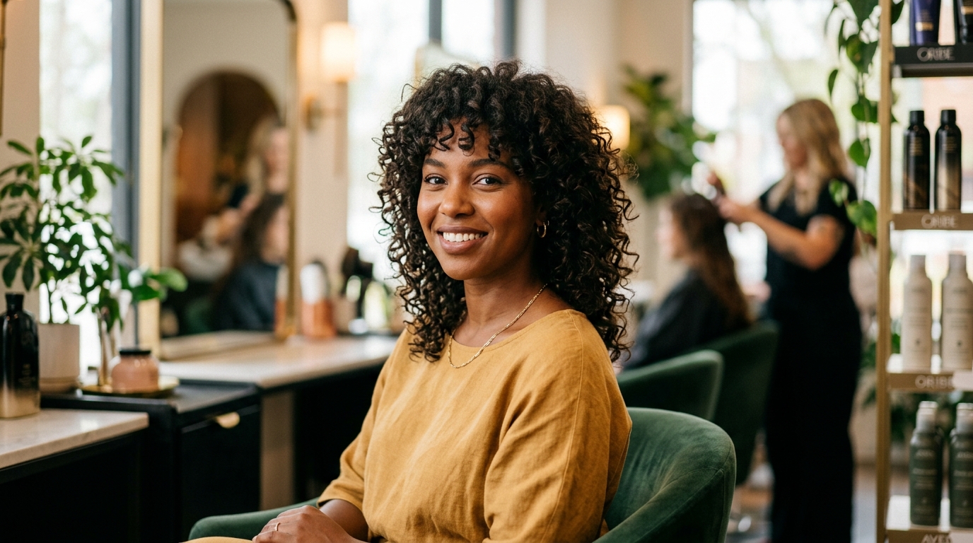 Shag moderno com camadas escalonadas e textura em mulher com rosto oval e cabelos ondulados escuros