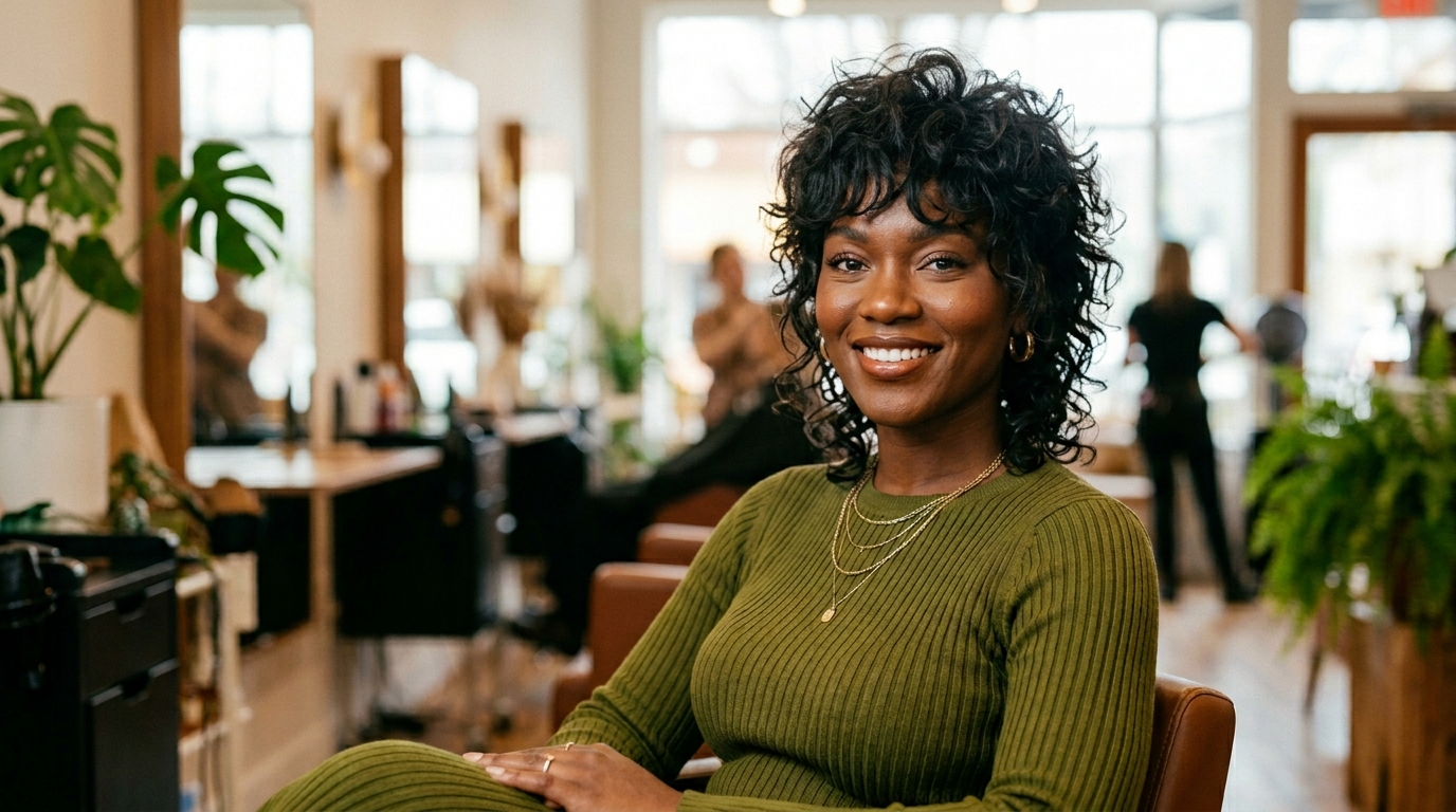 Wolf cut moderno com curtain layers em cabelo ondulado escuro