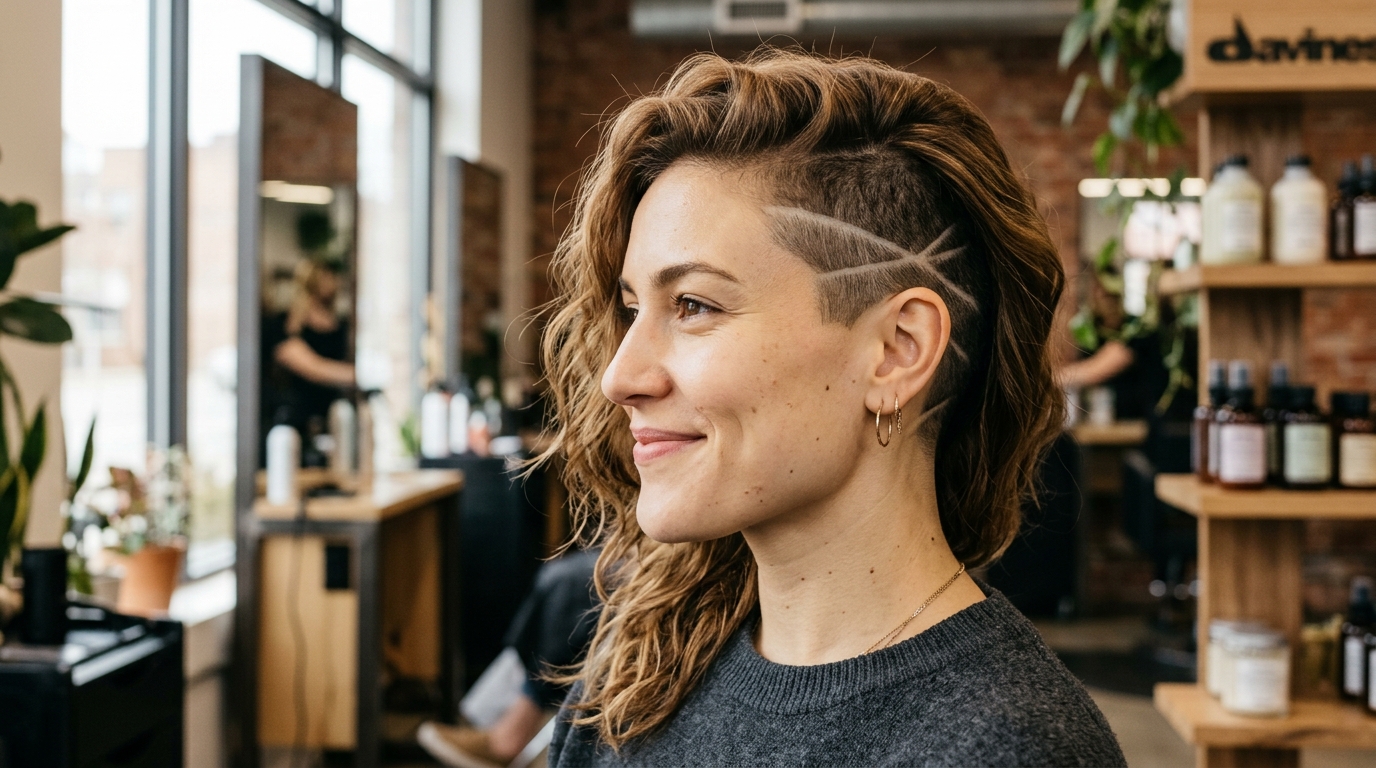 mulher com cabelo raspado na nuca sidecut com desenhos geométricos