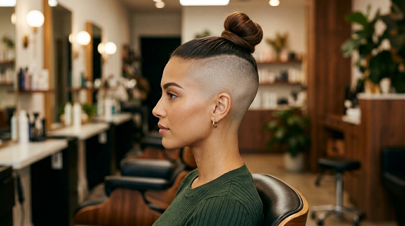 mulher com coque mostrando cabelo raspado na nuca undercut alto