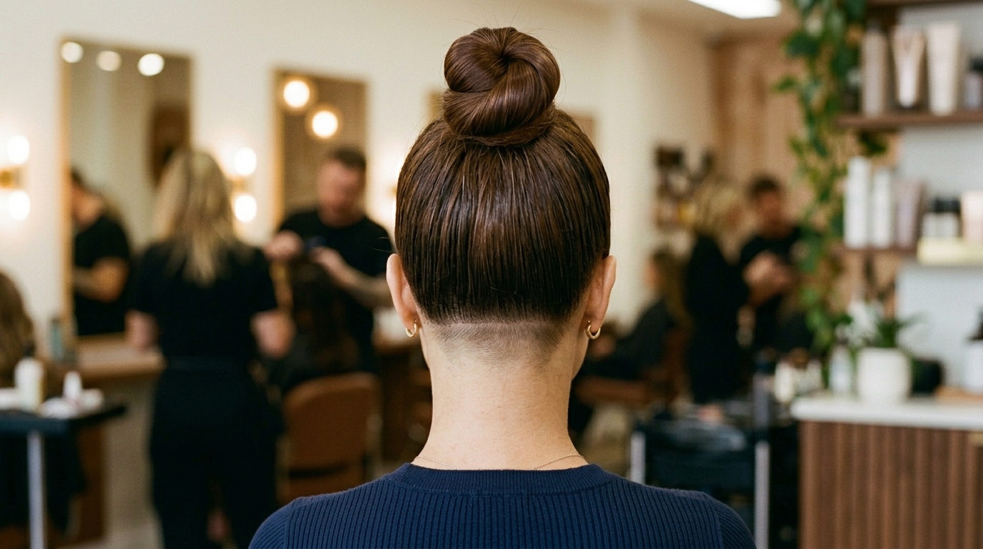 mulher com cabelo amarrado mostrando corte raspado na nuca undercut escondido