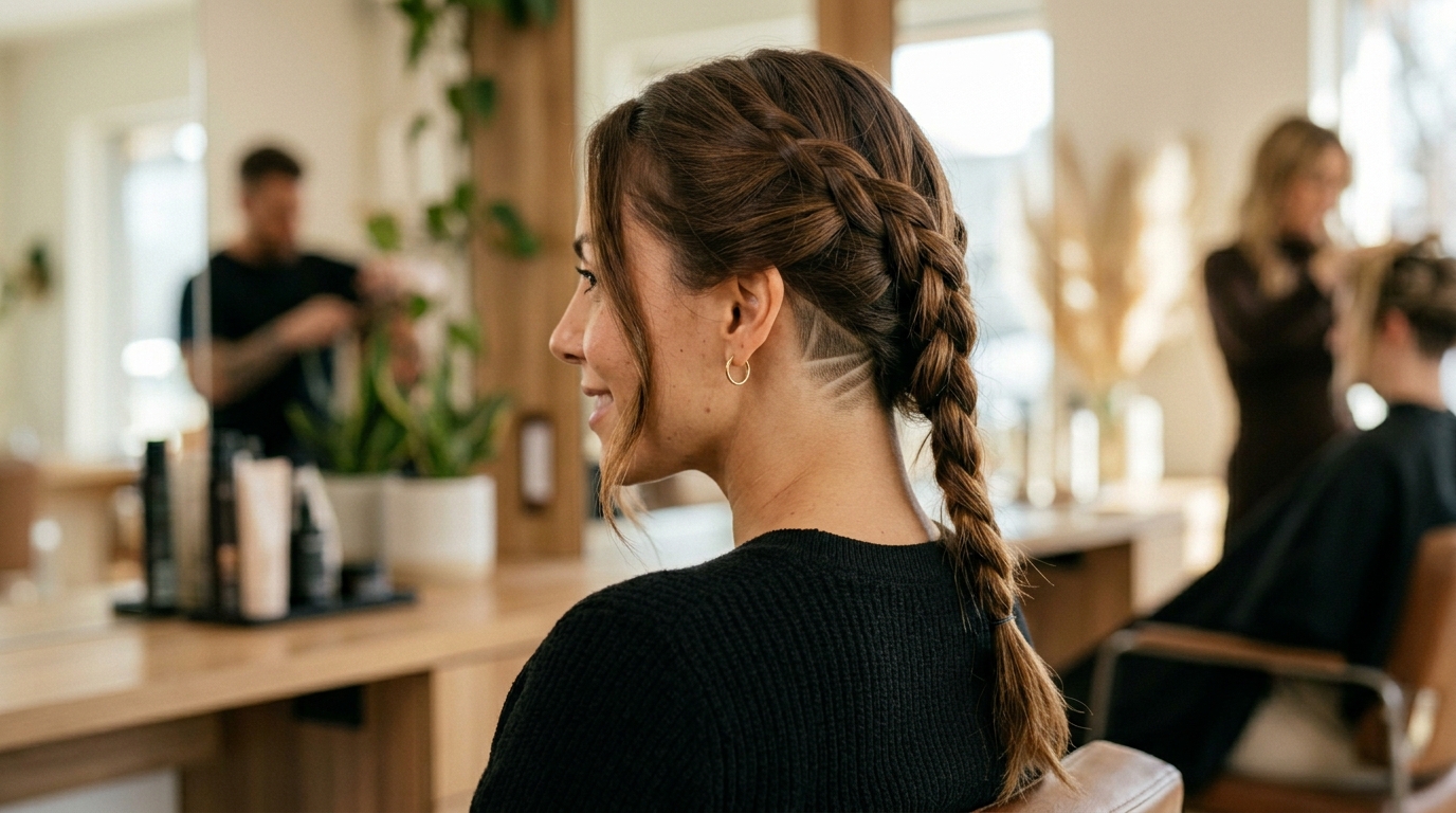 mulher com tranças mostrando corte raspado na nuca undercut médio