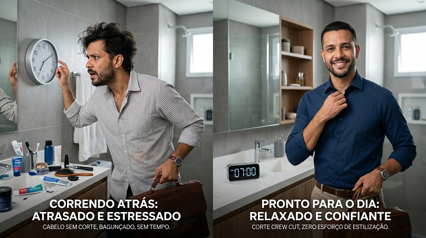 Comparação de homem com corte de cabelo que encaixa na rotina com o que não encaixa na sua rotina