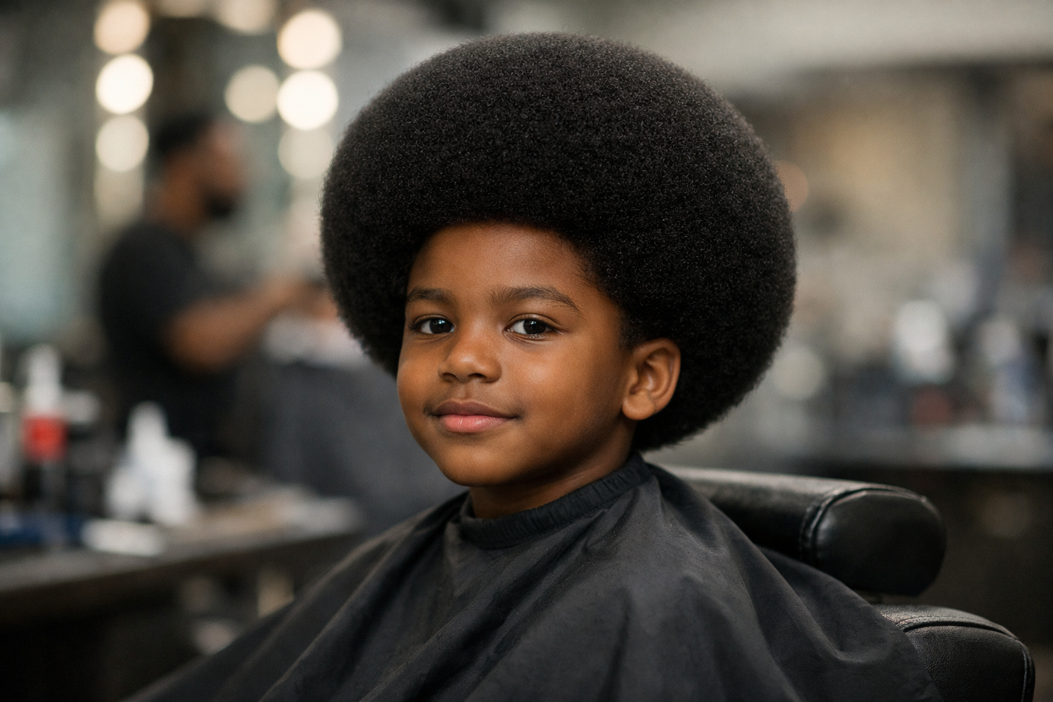 Corte de cabelo afro infantil em menino de 9 anos com rosto redondo e cabelo crespo