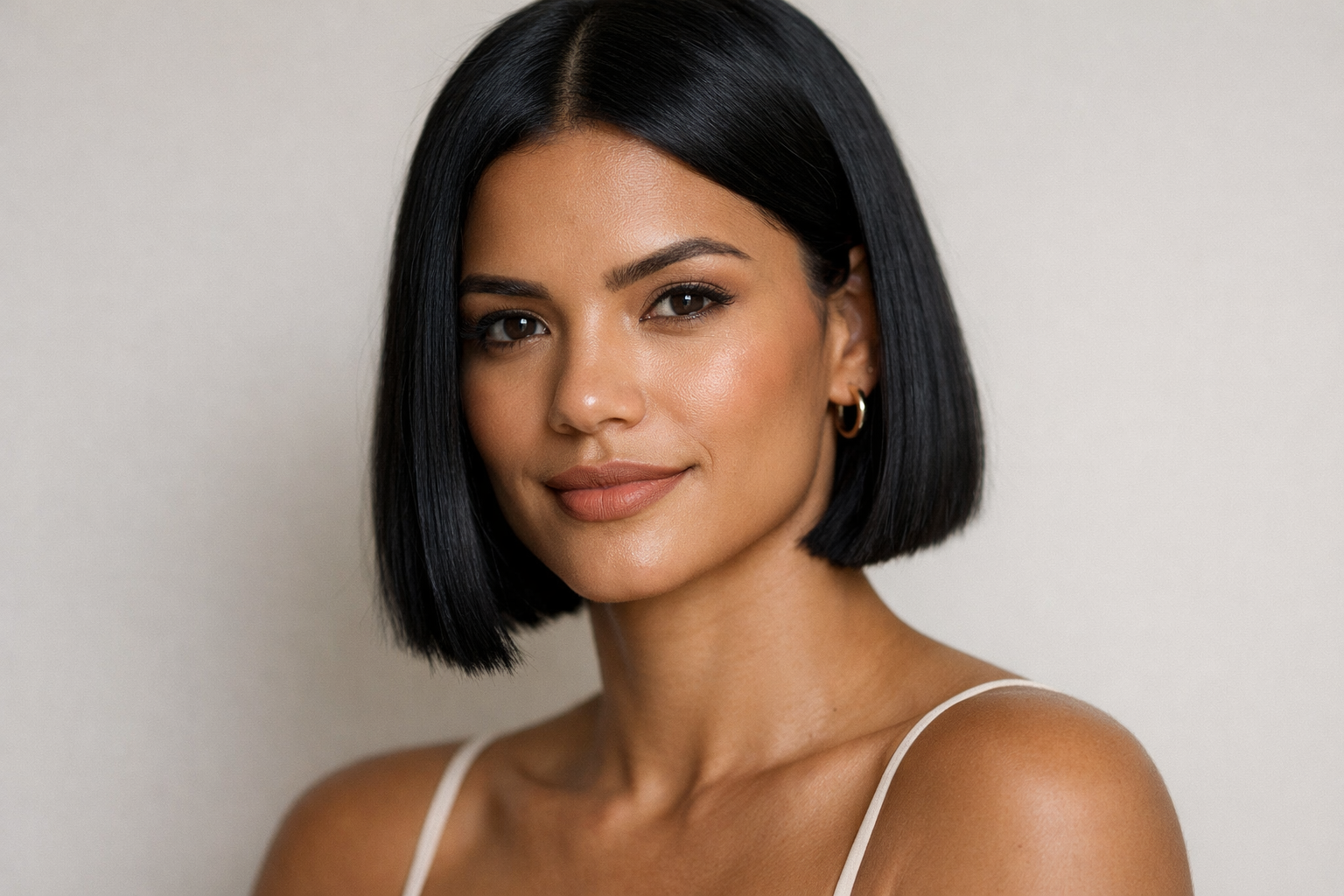 Blunt bob reto na linha do queixo em mulher brasileira com cabelo preto liso e rosto quadrado