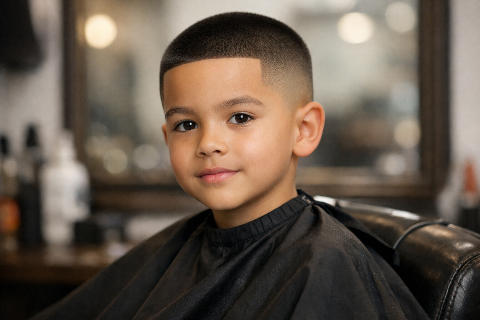 Corte de cabelo buzz cut infantil em menino de 8 anos com rosto oval e cabelo liso 