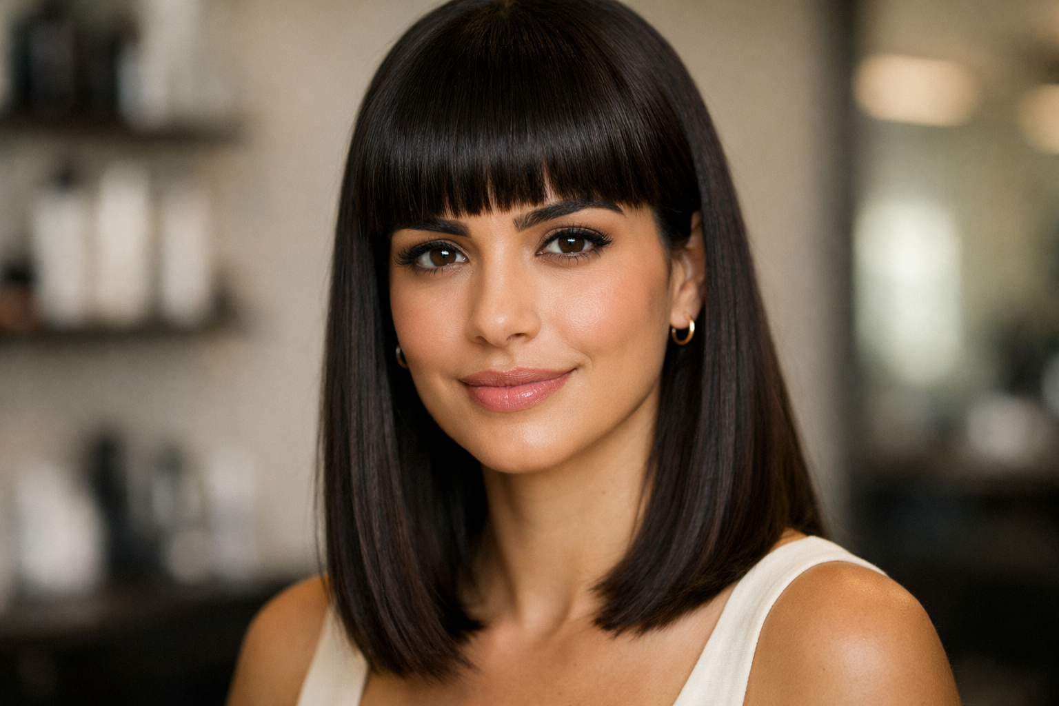 Franja reta na altura das sobrancelhas em mulher brasileira com rosto oval