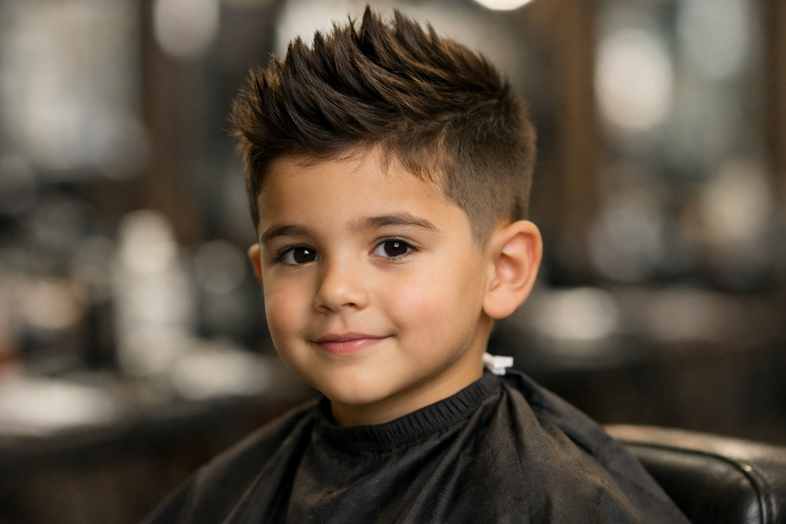 Corte topete moderno infantil em menino de 7 anos com rosto redondo e cabelo liso