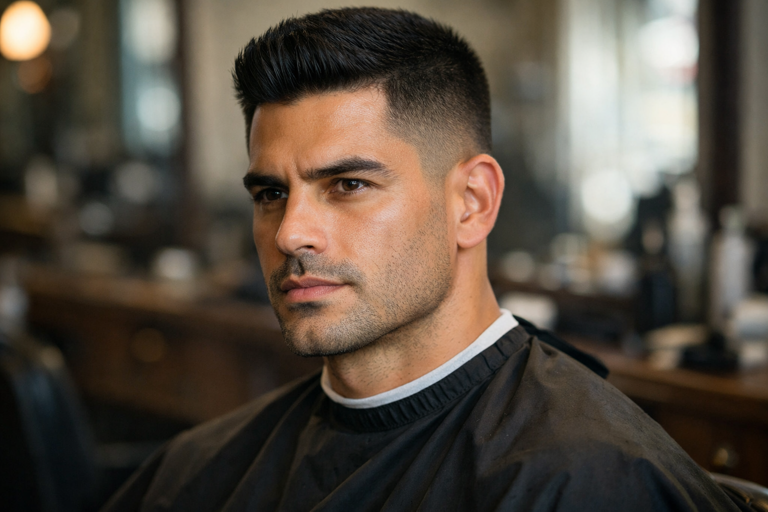 Crew cut clássico em homem brasileiro com cabelo preto e rosto quadrado com mandíbula marcada