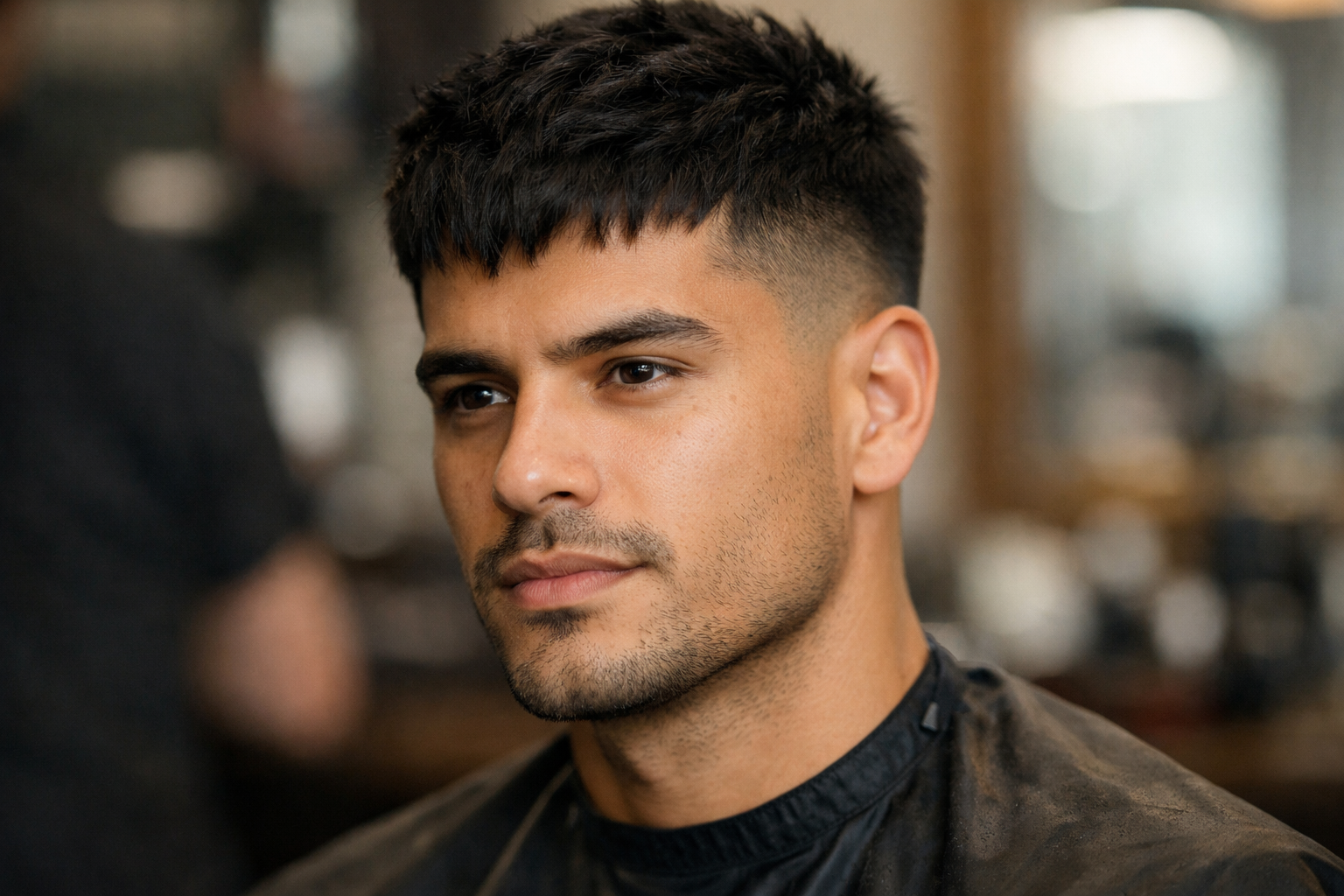 Textured crop moderno com franja curta e textura natural em homem brasileiro com rosto quadrado e cabelo preto