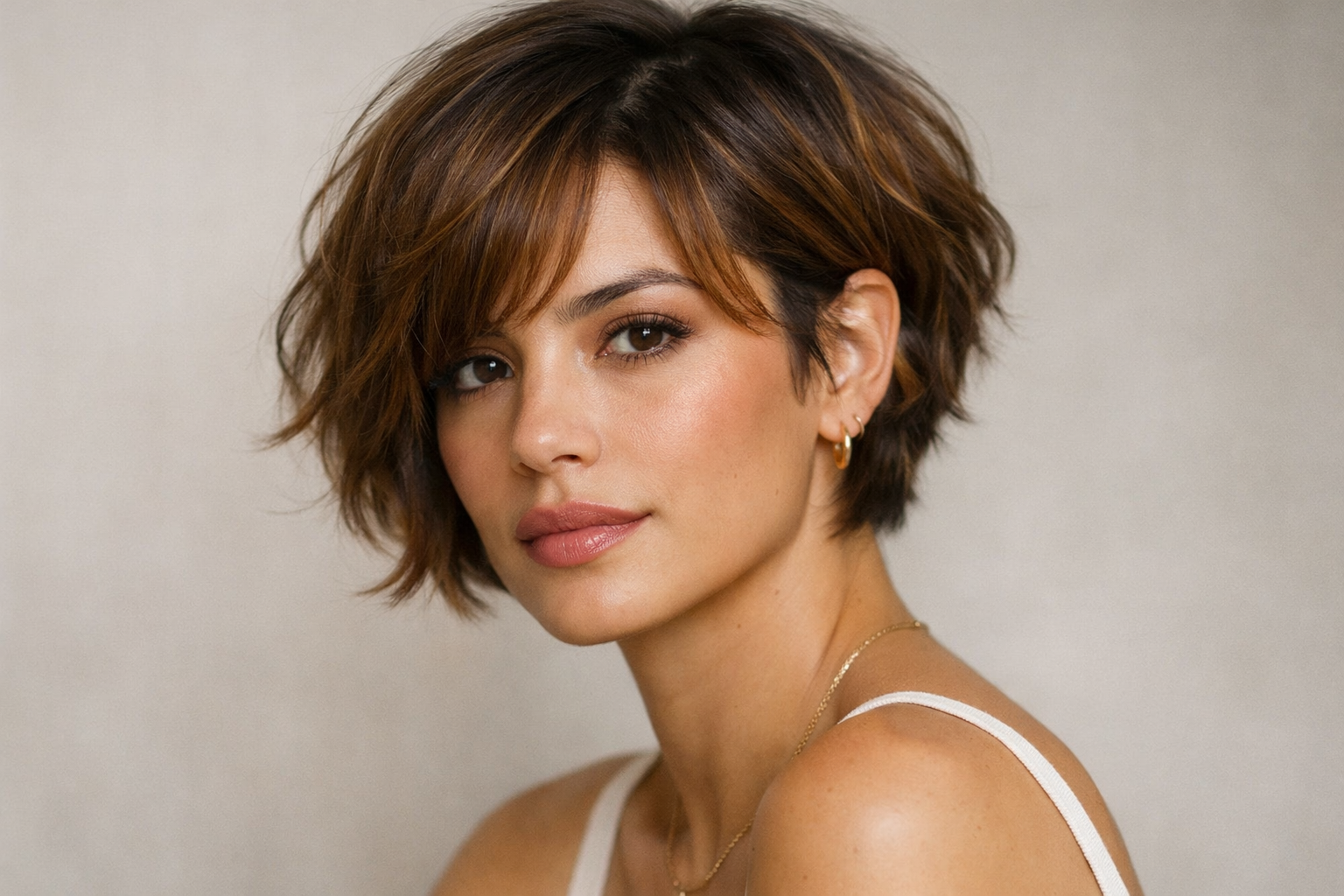 Bixie híbrido de bob e pixie em mulher brasileira com cabelo mel ondulado