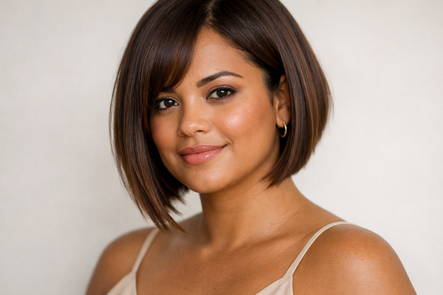 Bob A-line invertido em mulher brasileira com cabelo castanho liso e rosto redondo