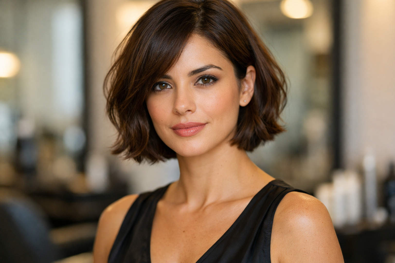 bob na altura do queixo em mulher brasileira com rosto coração e cabelo castanho ondulado