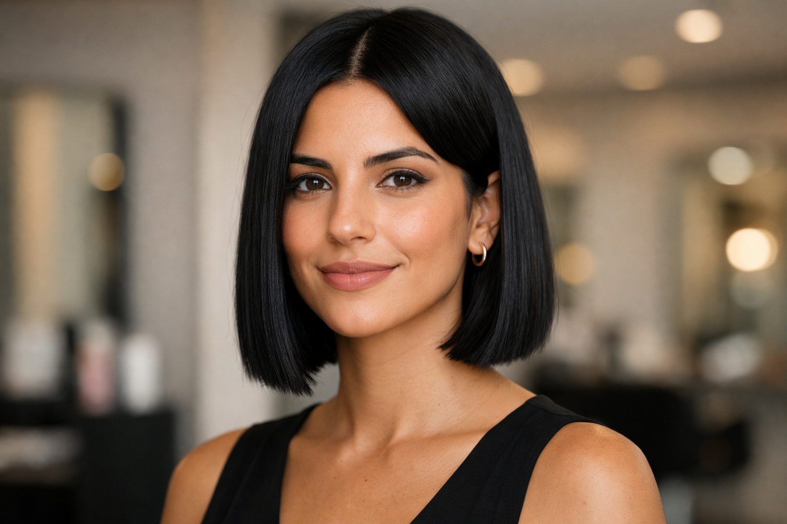 Bob curto blunt reto em mulher brasileira com cabelo liso preto e rosto oval