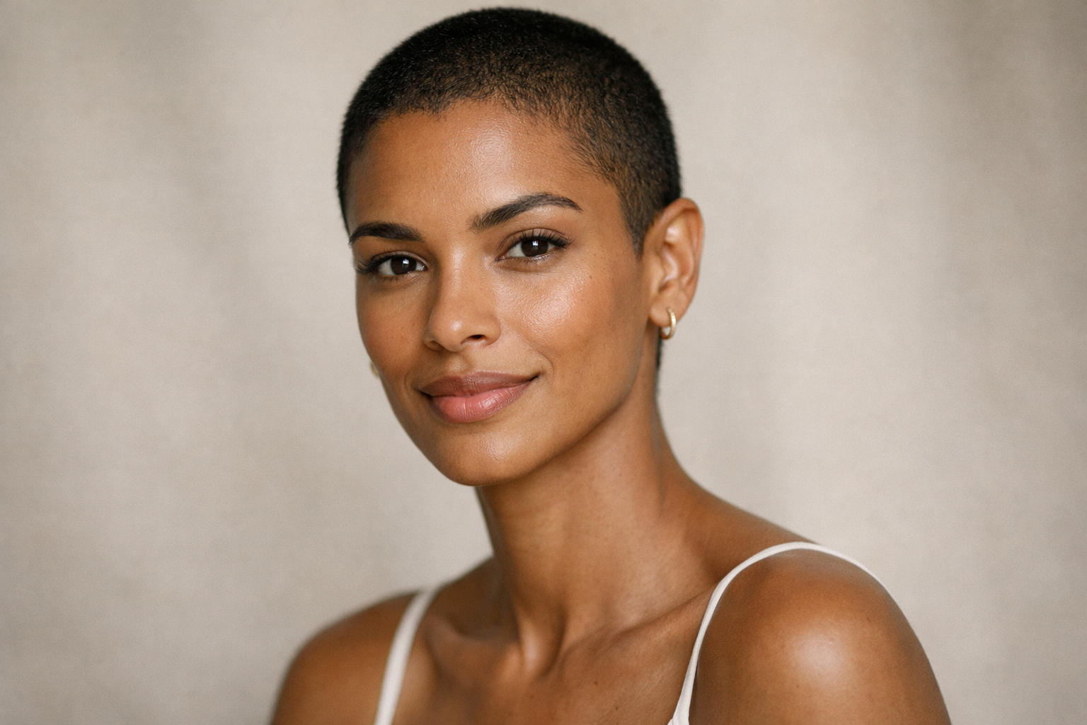 Buzz cut feminino muito curto em mulher brasileira com rosto oval e pele morena