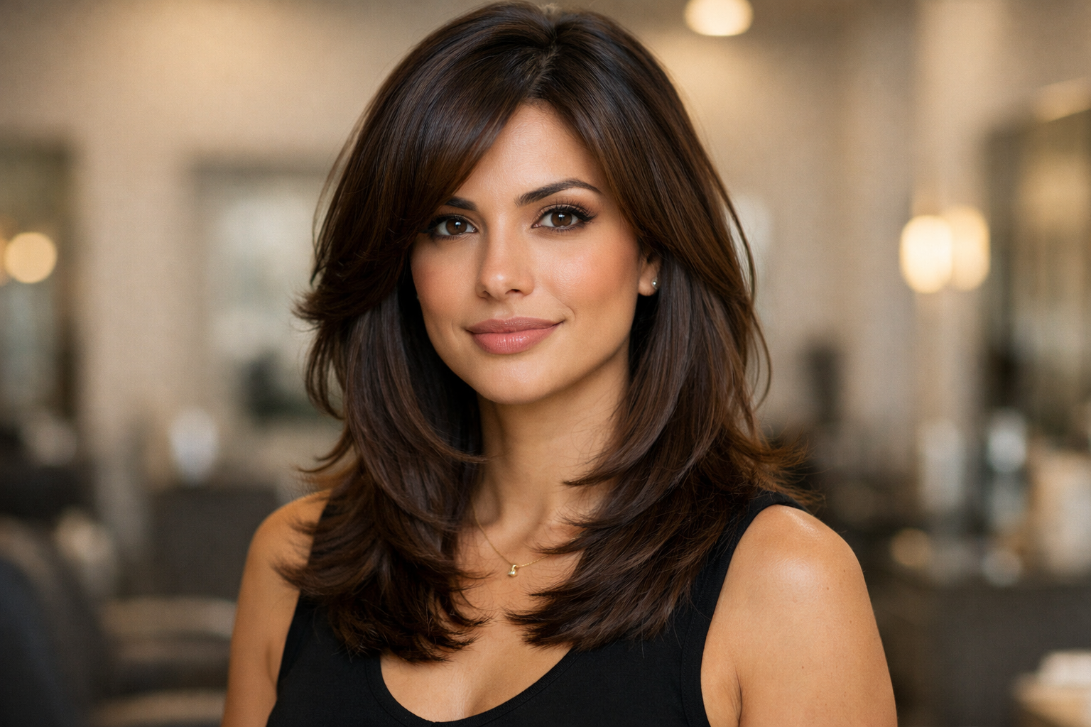 Camadas a partir do queixo em corte V em mulher brasileira com rosto coração e cabelo castanho ondulado