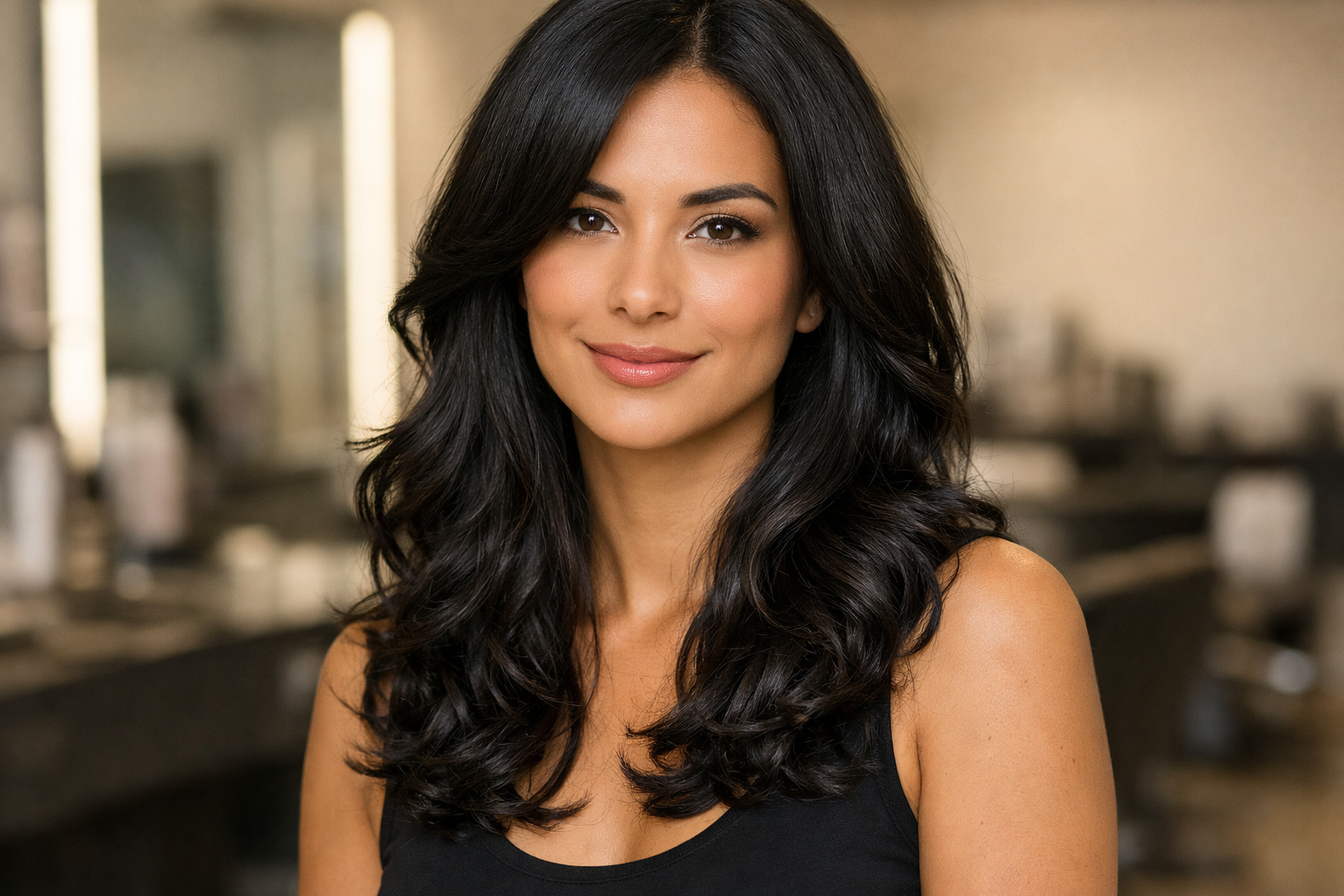 Camadas longas em mulher brasileira com rosto formato coração e cabelo preto cacheado