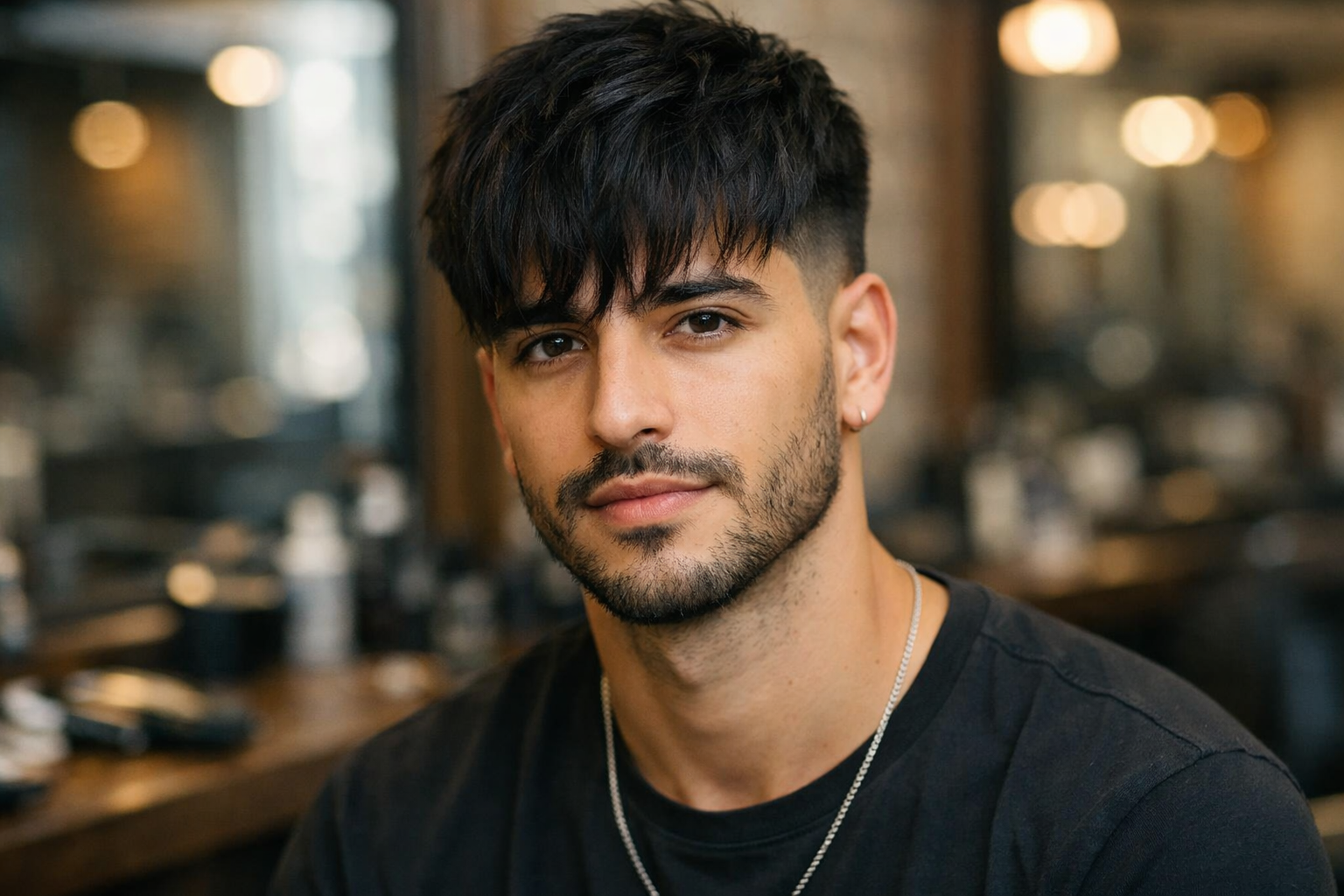 Fringe frontal texturizado cobrindo a testa em homem brasileiro com rosto coração e cabelo preto ondulado