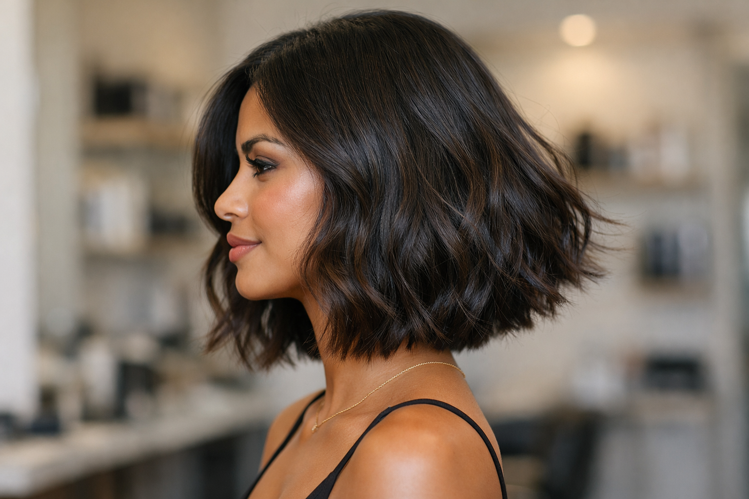 Lob com ondas a partir do queixo em mulher brasileira com rosto coração e cabelo castanho escuro