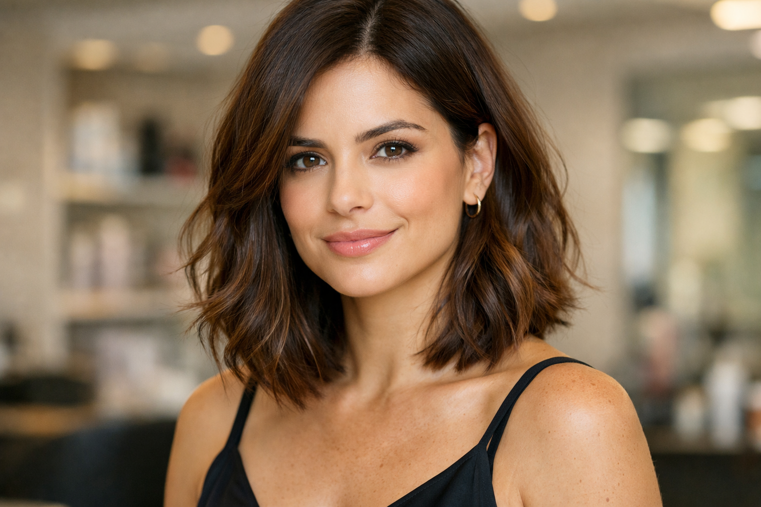 Lob ondulado com pontas desfiadas em mulher brasileira com rosto quadrado e cabelo castanho