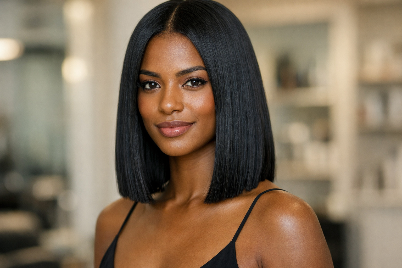 Blunt cut médio reto em mulher brasileira com cabelo liso preto