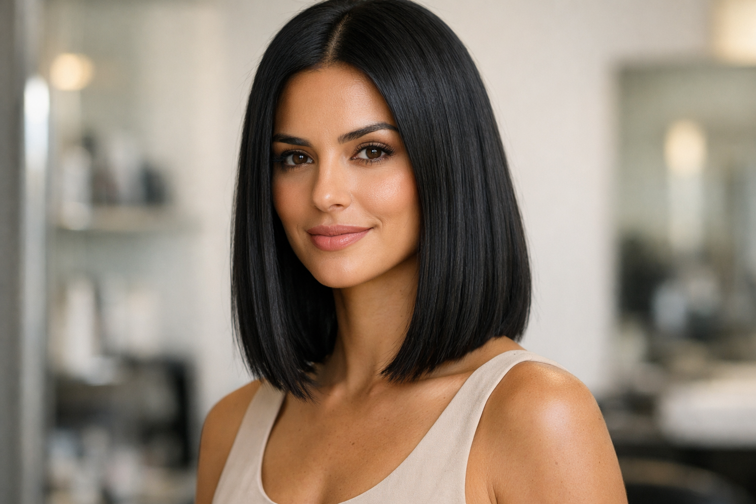 Corte LOB clássico em mulher brasileira com cabelo liso escuro