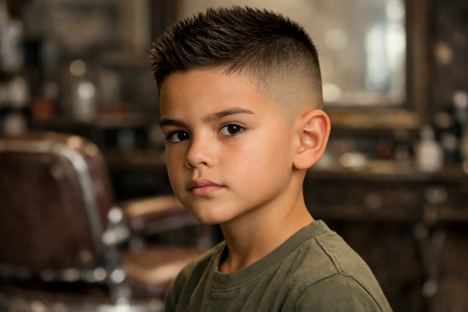 Corte de cabelo militar cut infantil em menino de 8 anos com rosto oval e cabelo liso 