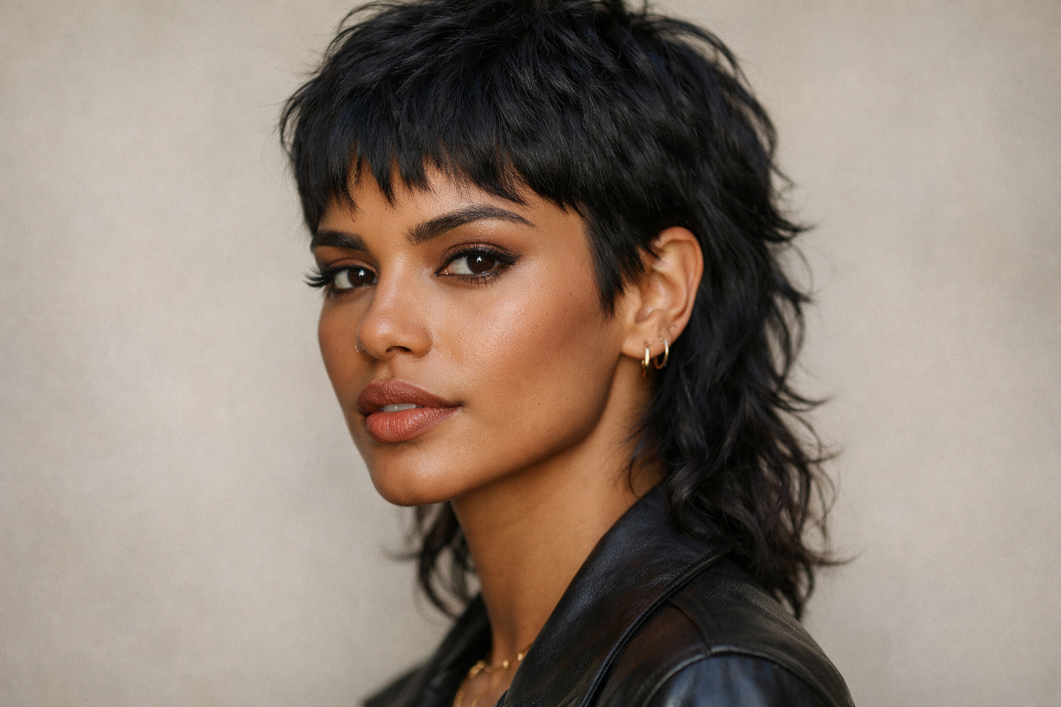 Mixie mullet moderno feminino em mulher brasileira com cabelo escuro ondulado