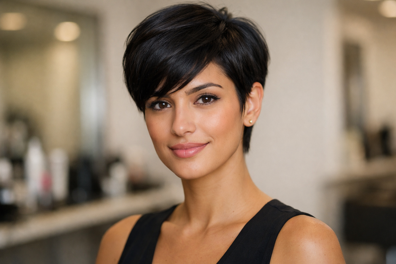 Pixie clássico em mulher brasileira com rosto oval e cabelo liso escuro
