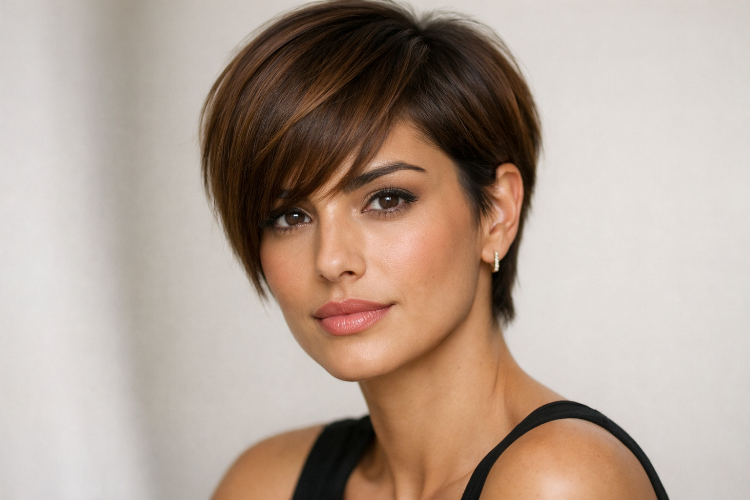 Pixie com franja lateral em mulher brasileira com cabelo liso mel e rosto oval