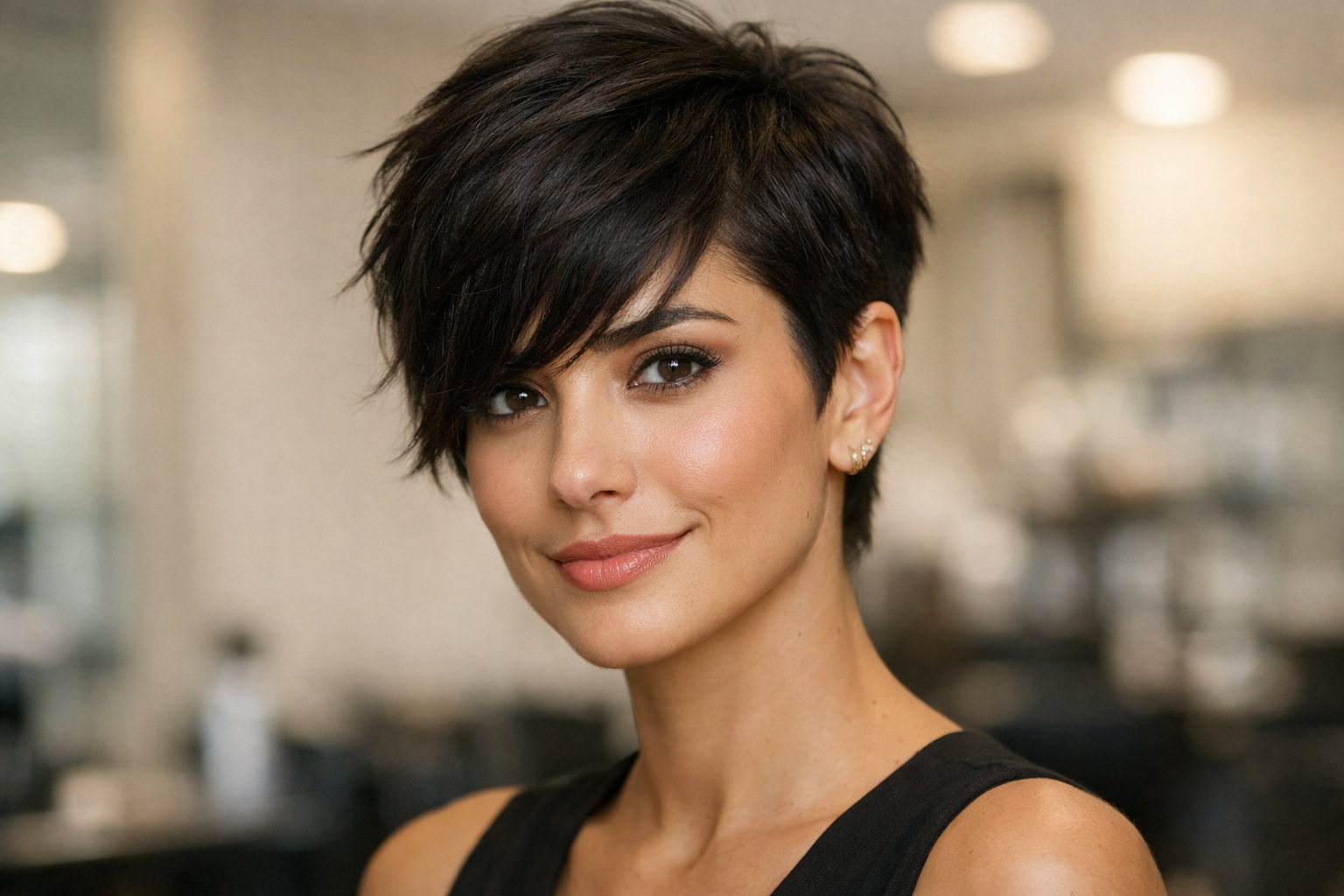 Pixie com textura no topo e franja lateral em mulher brasileira com rosto coração e cabelo castanho claro