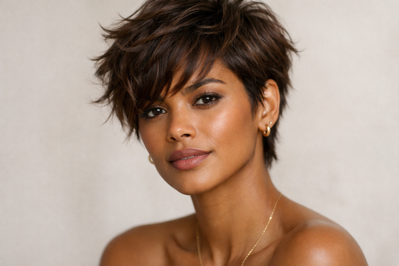 Pixie moderno texturizado em mulher brasileira com cabelo castanho ondulado