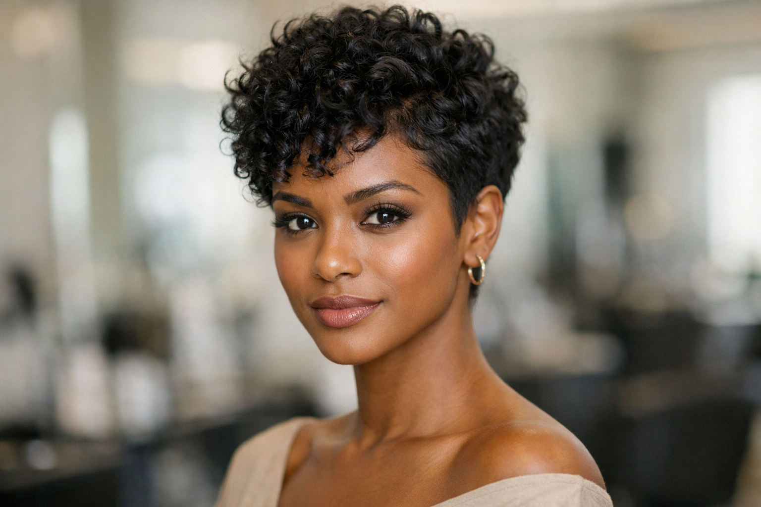 Pixie texturizado em mulher brasileira com cabelo cacheado escuro e rosto coração